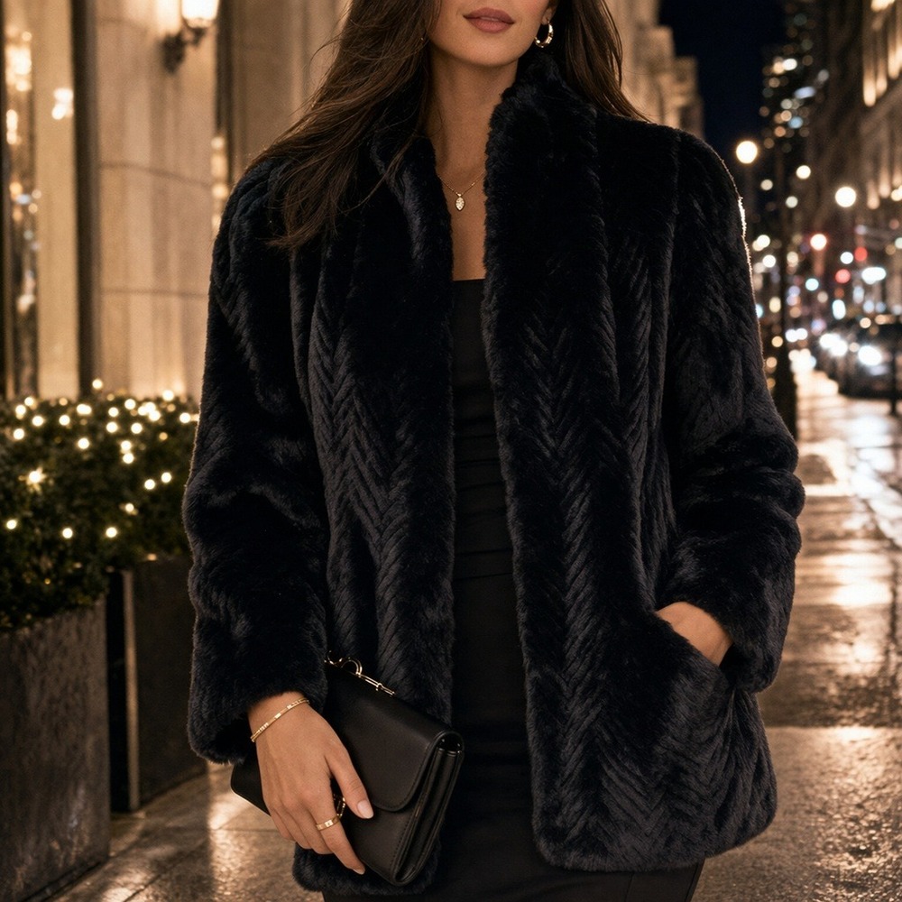 Jacques Faux Fur Coat Black Chevron Plush Luxe Soft Womens Medium USA Made Retro